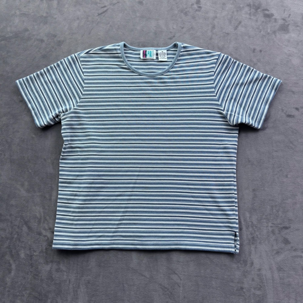 VTG Bold Spirit Blue White Striped Short Sleeve Knit Top Crew Neck Size Medium